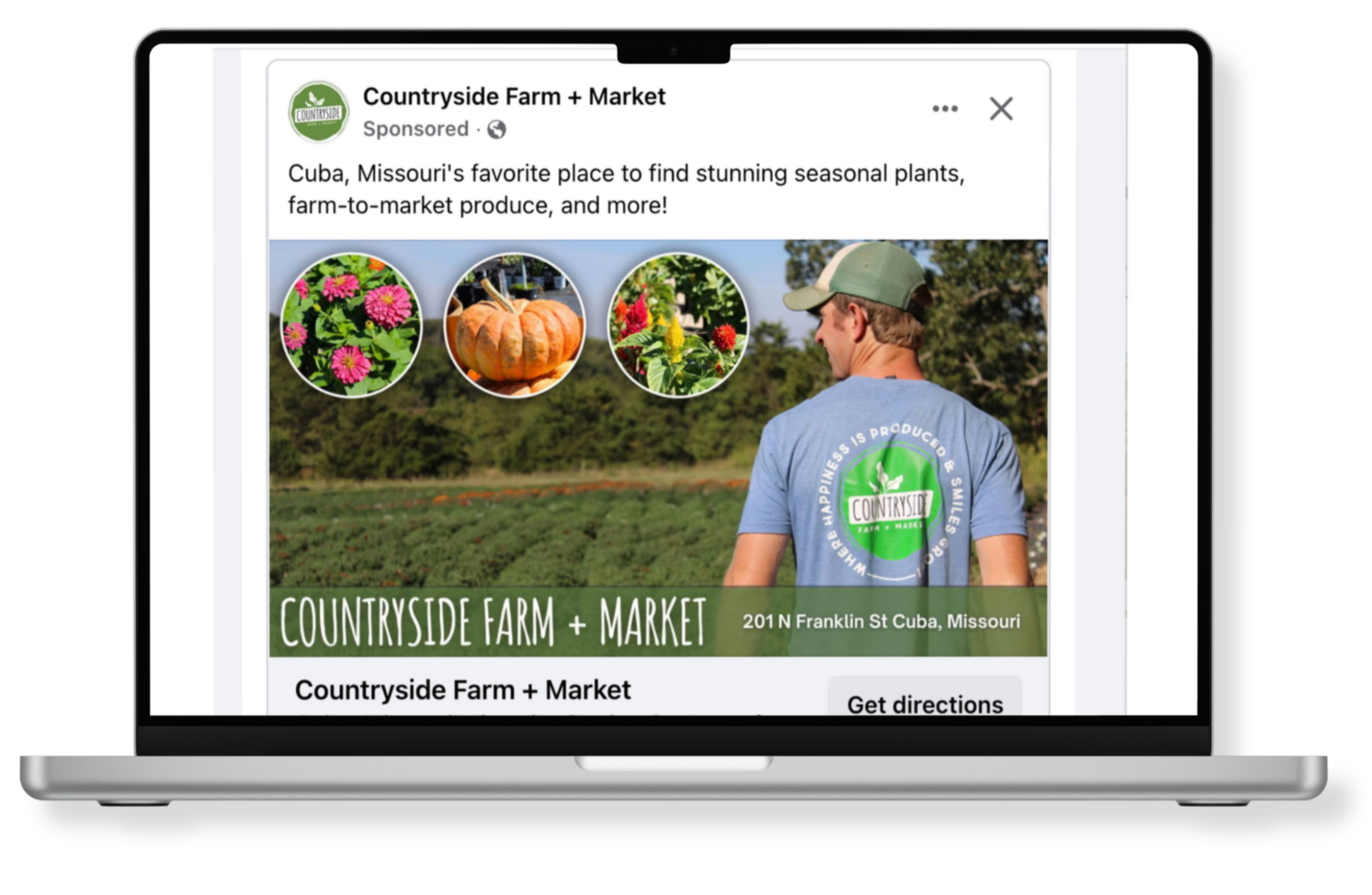 Screenshot of a Facebook advertisement for Countryside Farm and Market, showing a man in a blue shirt with the market's logo on the back, standing outdoors with trees in the background. The ad features images of pink flowers, a pumpkin, and a garden, and provides the address 201 N Franklin St, Cuba, Missouri.