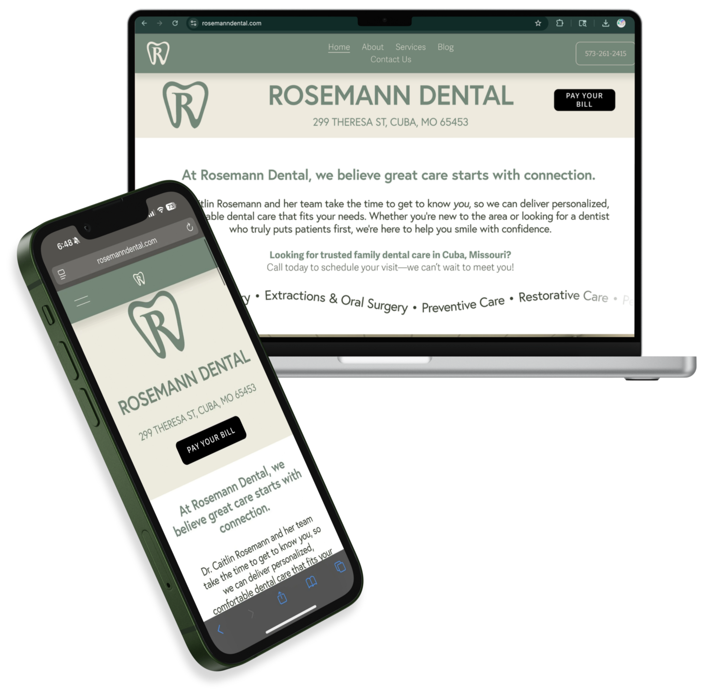 A smartphone and a laptop displaying the website for Rosemann Dental, a dental clinic in Cuba, Missouri, with the clinic's logo, address, and contact information visible.