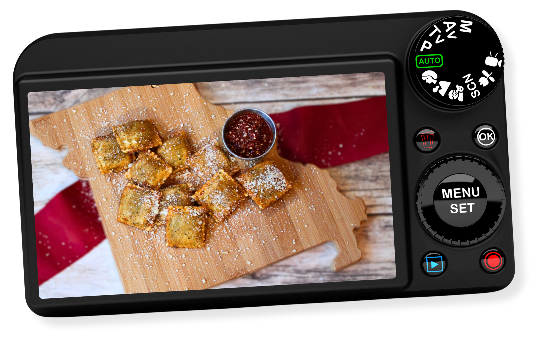 Photograph of toasted ravioli on a wooden cutting board, sprinkled with Parmesan cheese, beside a small container of marinara, on a wooden cutting board with a red ribbon.