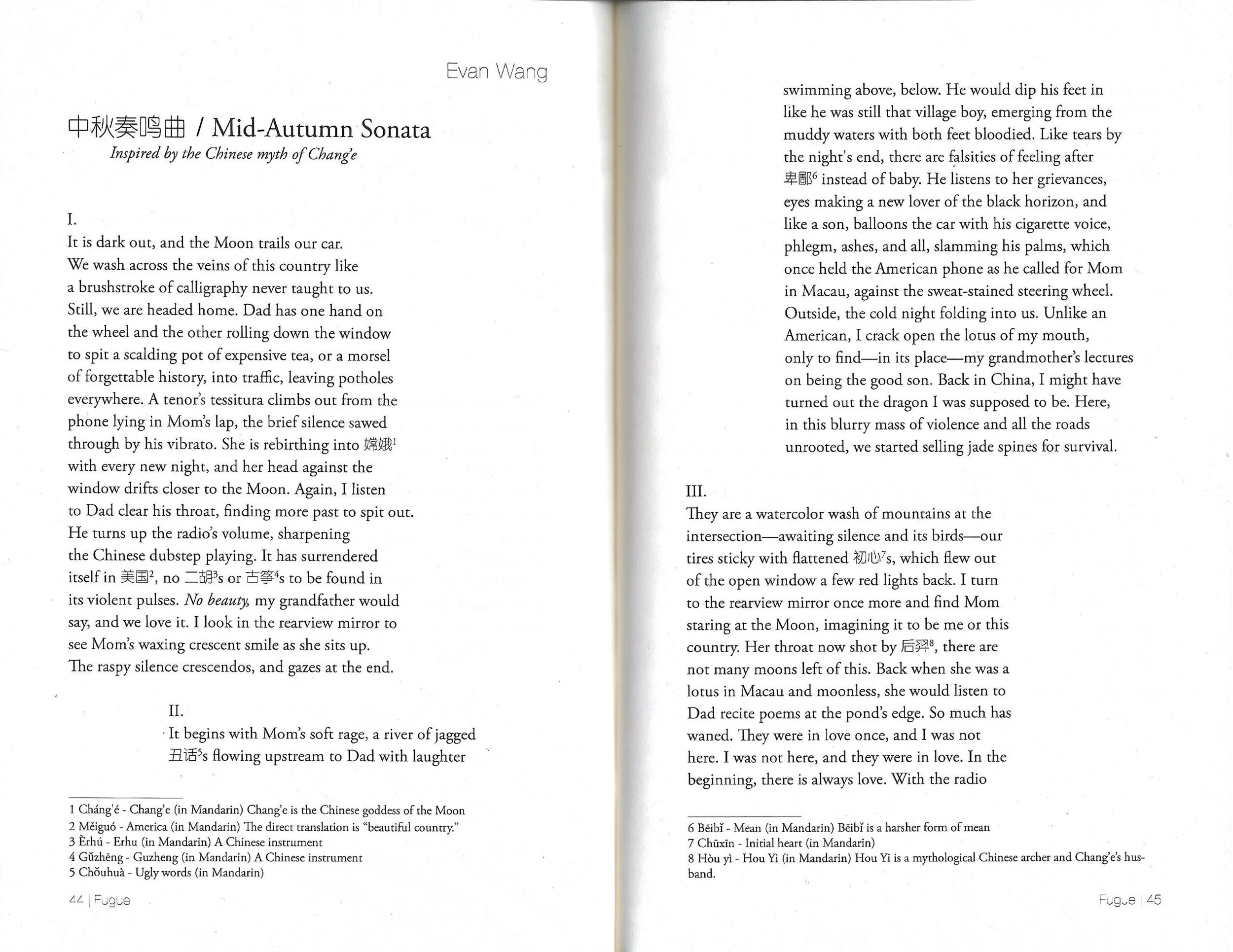 Open book displaying a poem titled 'Mid-Autumn Sonata' by Evan Wang, with numbered footnotes translating Chinese terms and references.