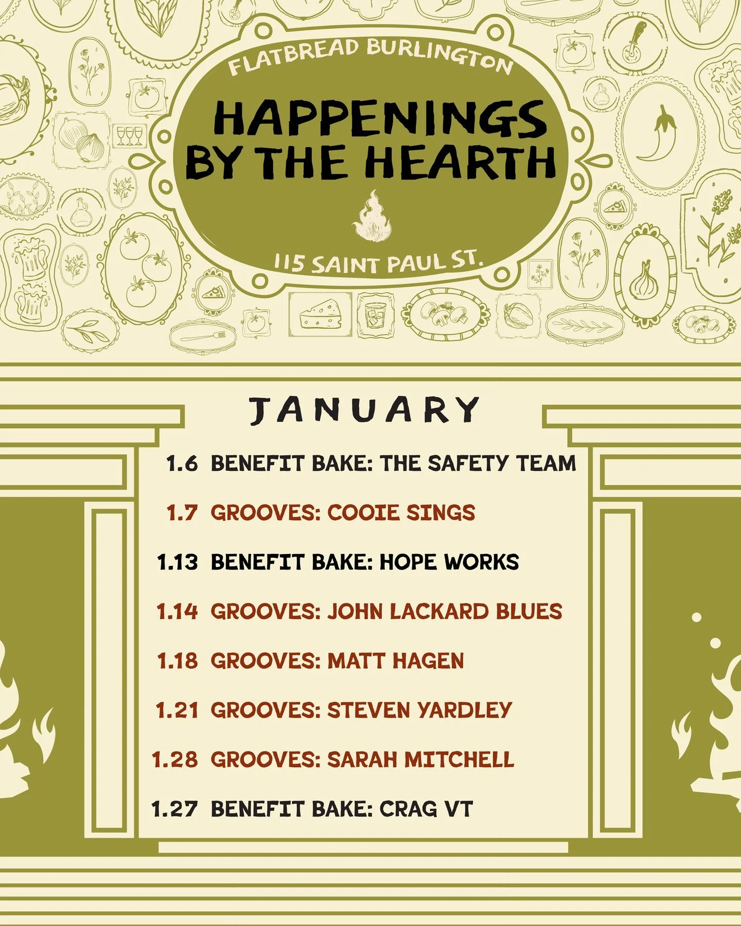 🔥 HAPPENINGS BY THE HEARTH: January 🔥⁠
⁠
⁠
🍕 1.6 Benefit Bake: The Safety Team⁠
⁠
🎶 1.7 Groove is in the Hearth: Cooie Sings⁠
⁠
🍕 1.13 Benefit Bake: HOPE Works⁠
⁠
🎶 1.14 Groove is in the Hearth: John Lackard Blues Duo⁠
⁠
🎶 1.18 Groove is in th