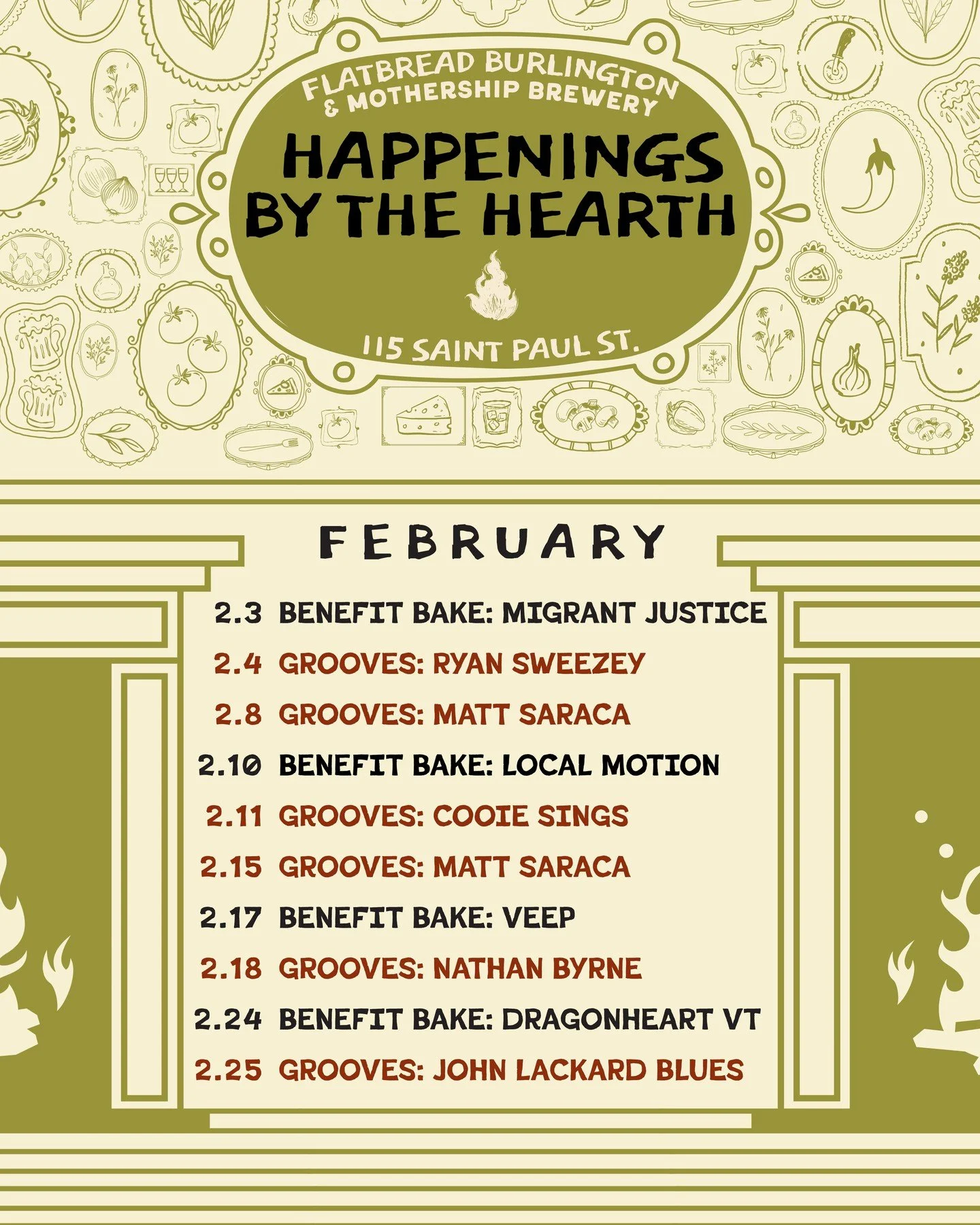 🔥 HAPPENINGS BY THE HEARTH: FEBRUARY 🔥⁠
⁠
Tuesdays, we're donating a portion of all flatbread sales to a local non-profit/community organization (includes takeout)!⁠
⁠
Join us Wednesdays &amp; Sundays for live tunes in the pub.⁠
⁠
---⁠
⁠
2.3 💛 Ben