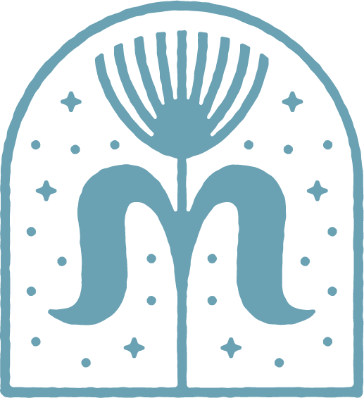 Stylized flower with large petals and decorative stars and dots surrounding it.