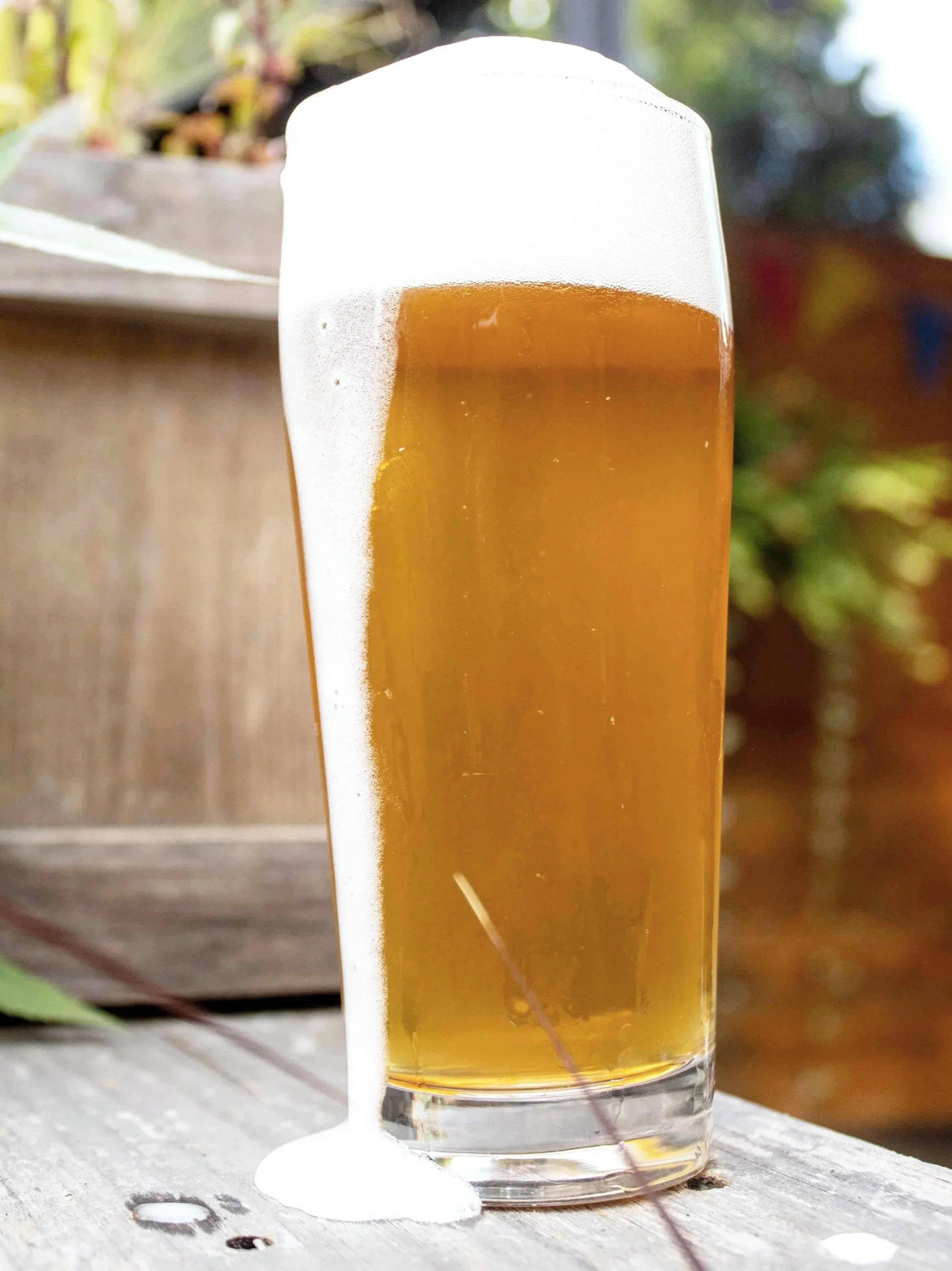 A glass of amber beer with a thick white foamy head, spilling over on a weathered wooden surface outdoors.