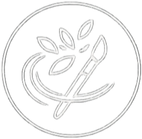 A paintbrush dipped in paint with leaves and swirls in a circular design, representing art and creativity.