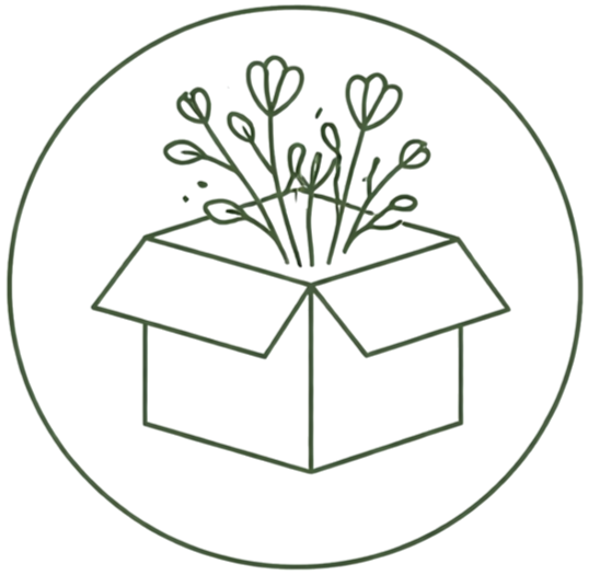 A line drawing of a cardboard box with flowers and heart-shaped leaves emerging from inside.