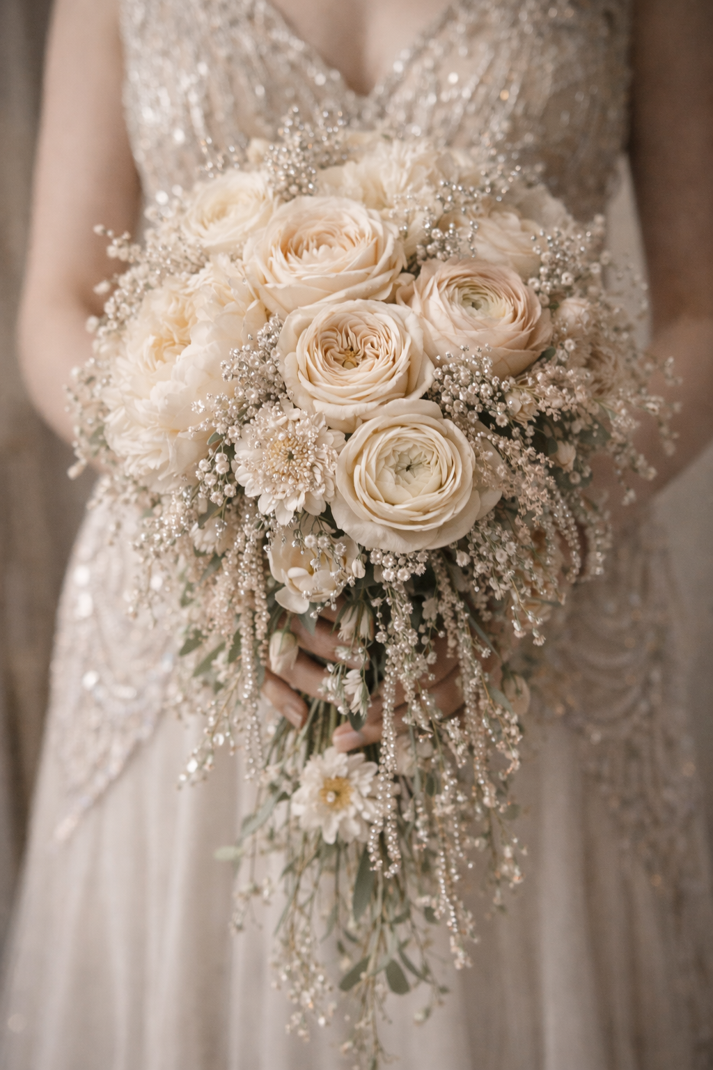 Champagne peonies and rhinestone sprays on bridal bouquet.