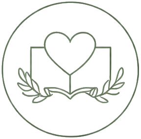 A minimalist line drawing of a heart inside an open book, surrounded by laurel branches, all within a circle.