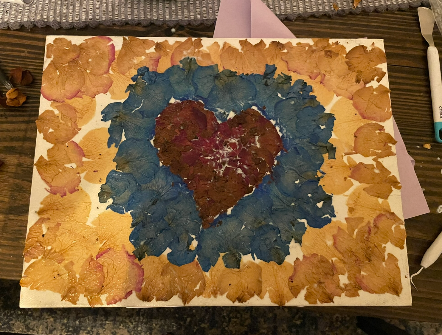 Dried petals on canvas before being painted over and preserved in Columbus, Ohio as original art.
