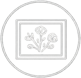 A black and white logo with a stylized plant in a square frame, surrounded by a circular border.