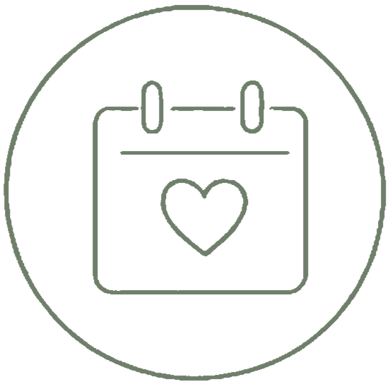 Outline of a calendar with a heart in the center, inside a circle.