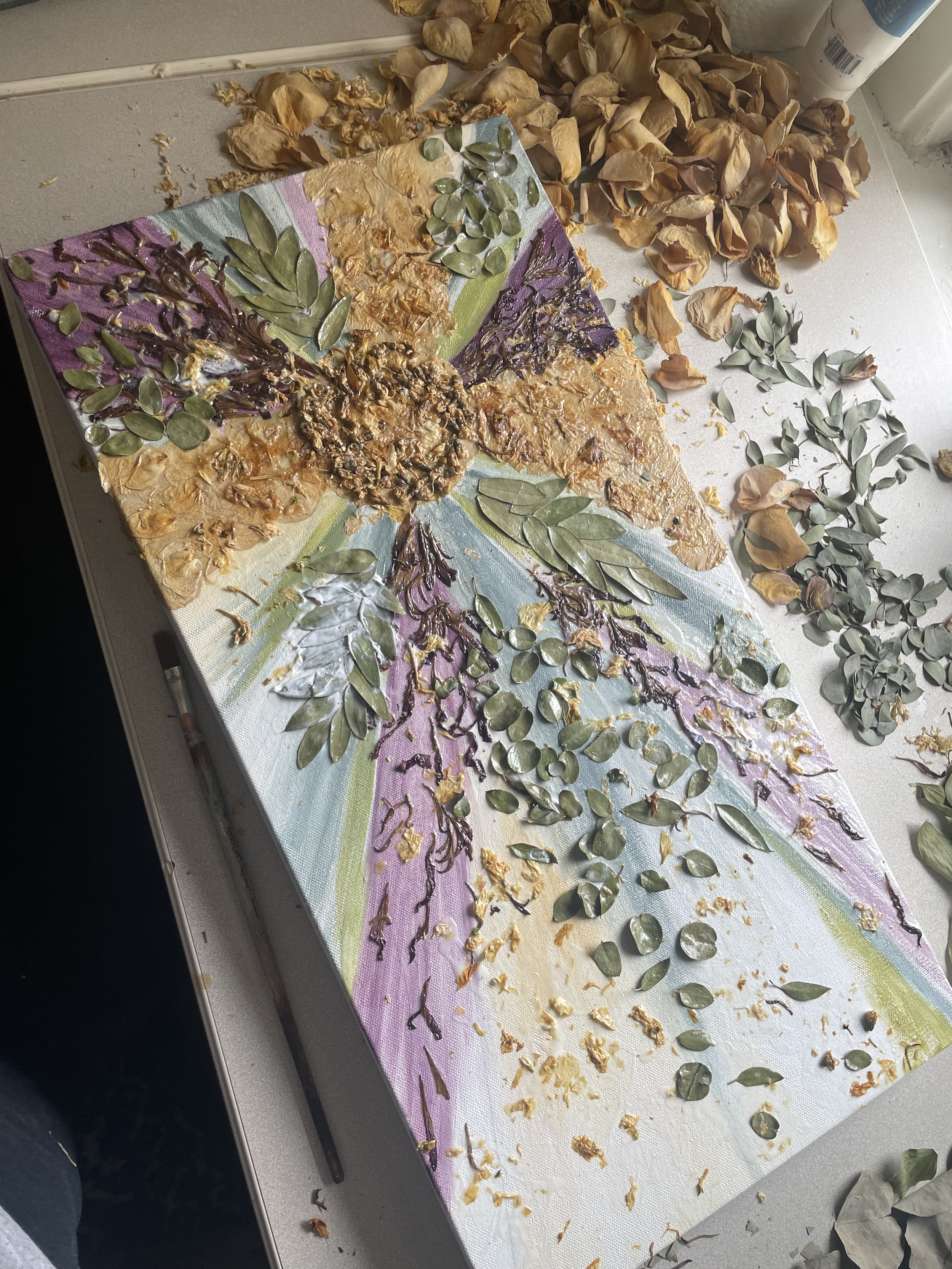 Floral preservation process on canvas.  Project in progress.