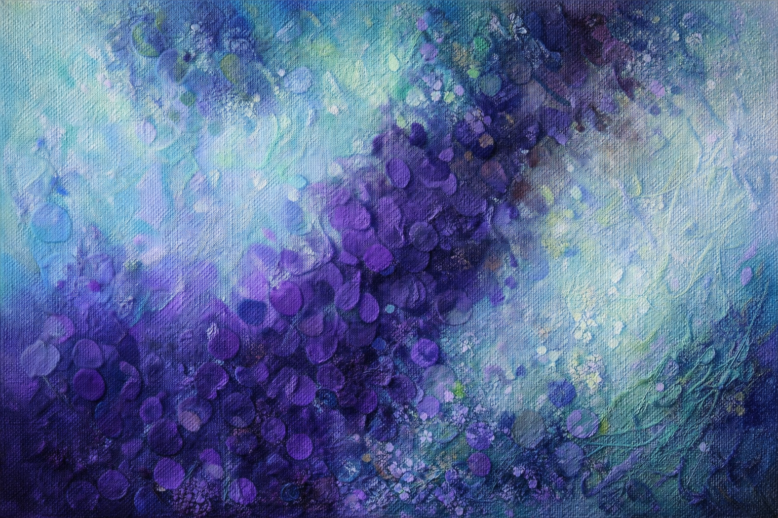 Floral preservation in Columbus, Ohio as abstract painting with shades of blue, purple, and hints of green, featuring circular patterns and textured brushstrokes.
