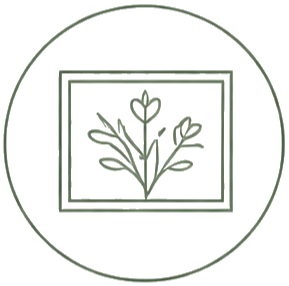 A minimalist logo featuring a stylized plant or flower inside a square, with a circular border around it.