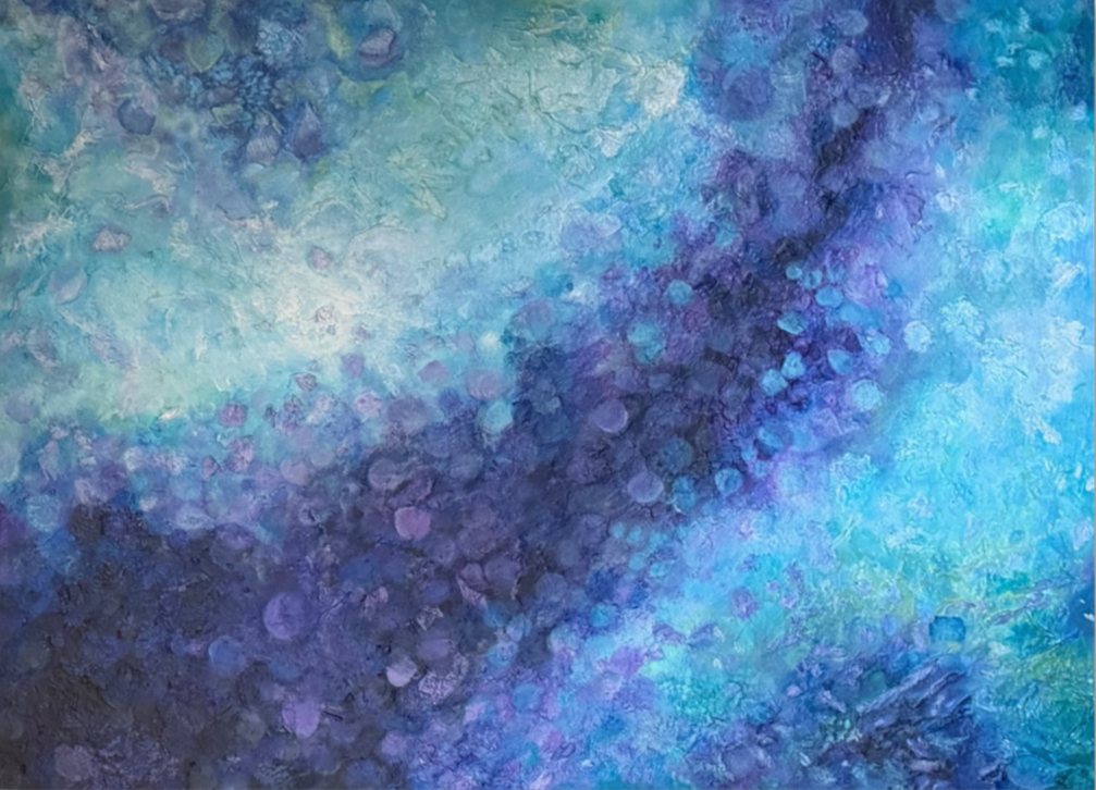 Abstract painting with shades of blue, purple, and green, featuring circular and textured brushstrokes.