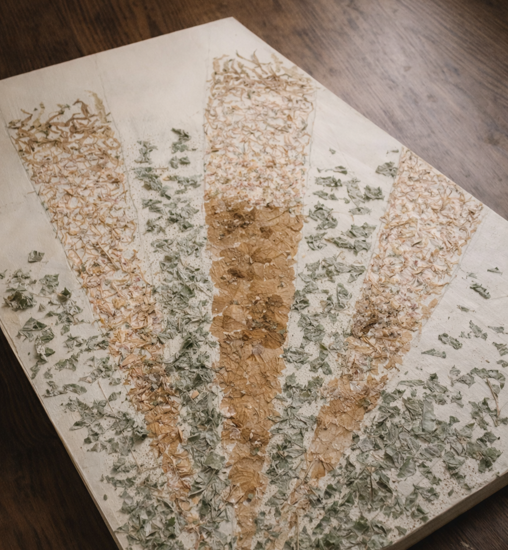 Memorial flowers preserved beneath the painting as artwork in remembrance of a loved one.