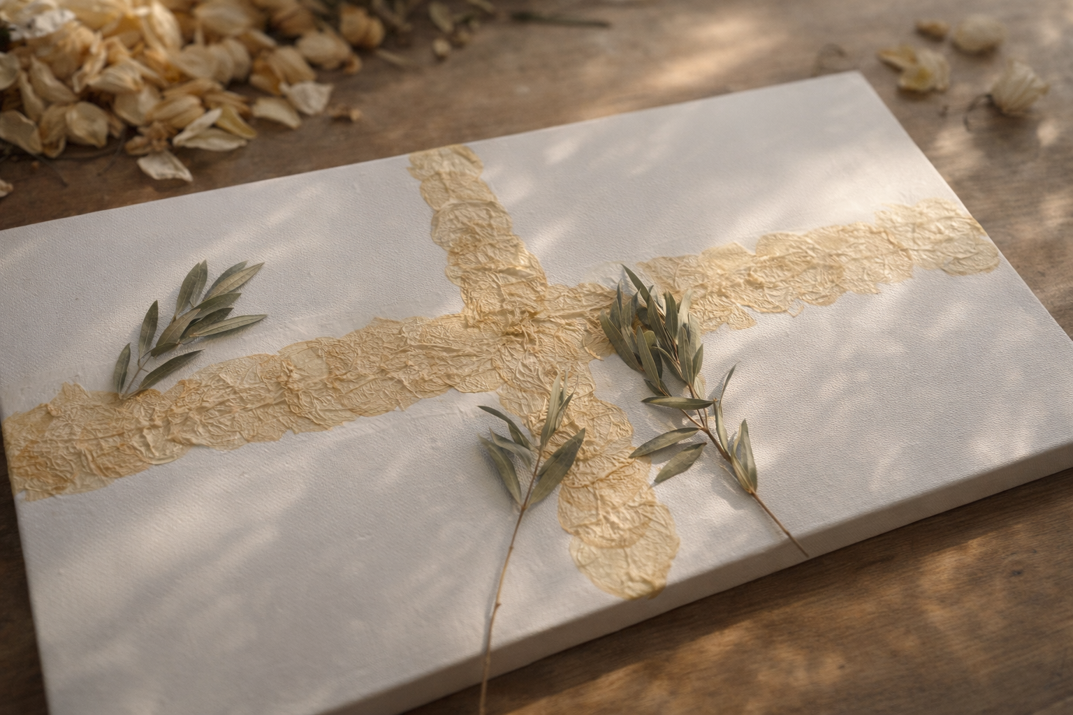 Pressed wedding flowers arranged on canvas as heirloom artwork created from a preserved wedding bouquet.