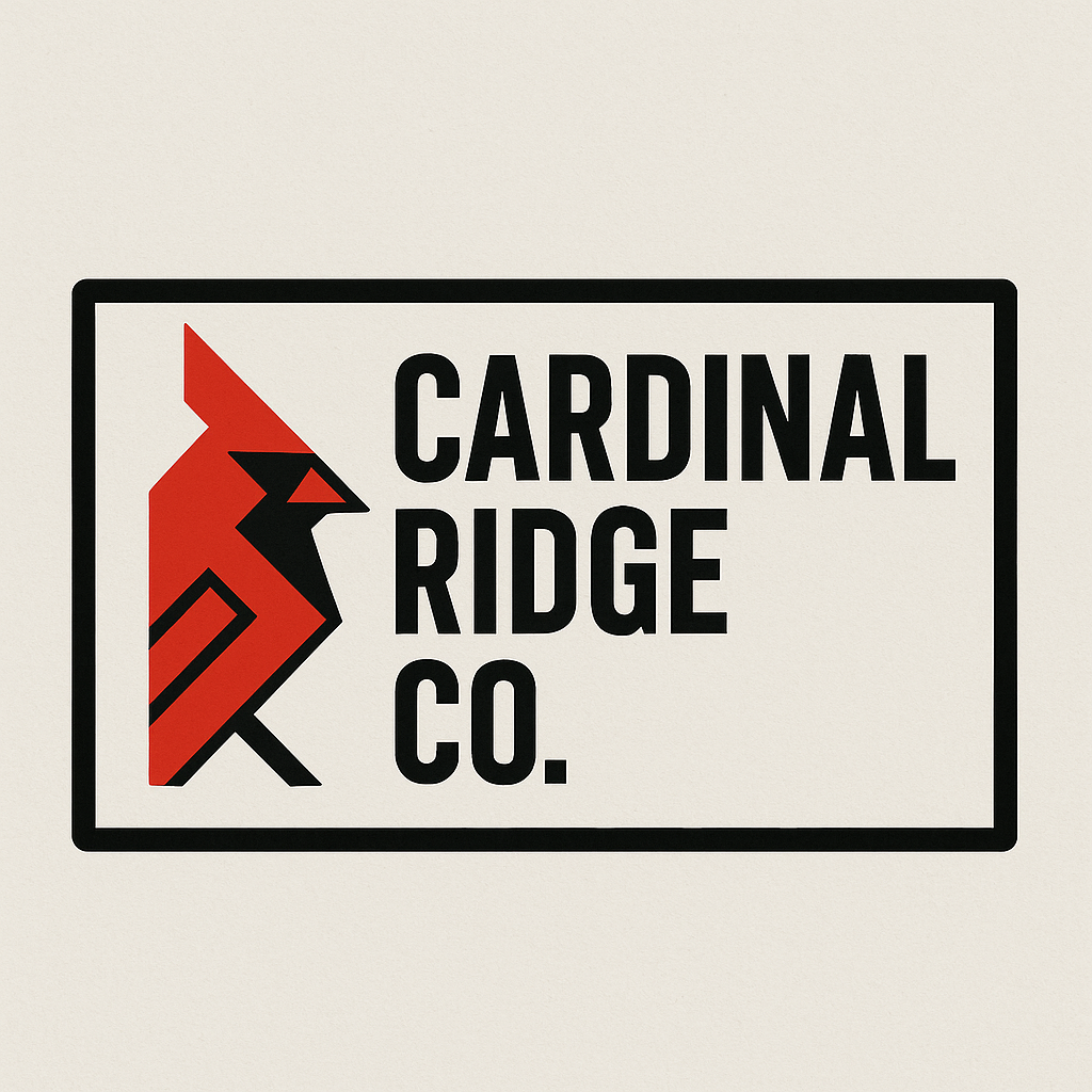 A sign with a red cardinal bird logo and the text "Cardinal Ridge Co." in black on a white background.