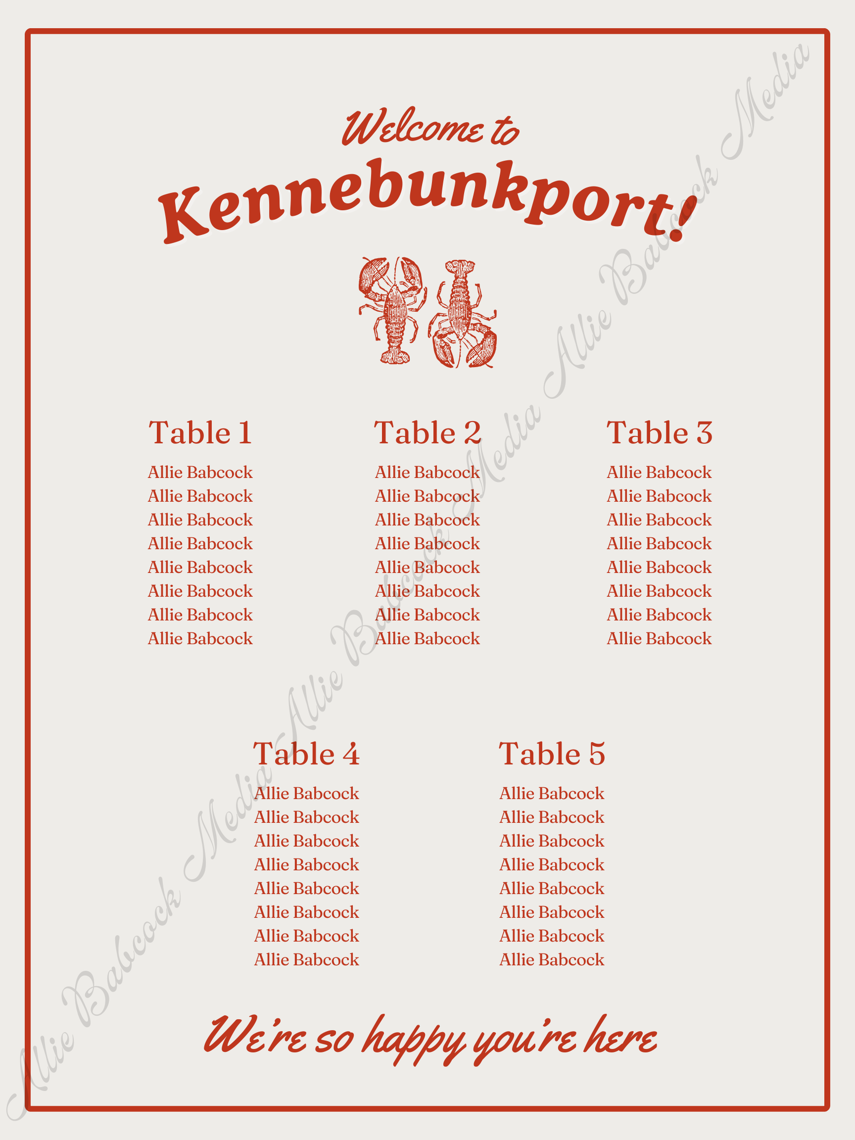 New England Lobster Wedding Seating Chart Template