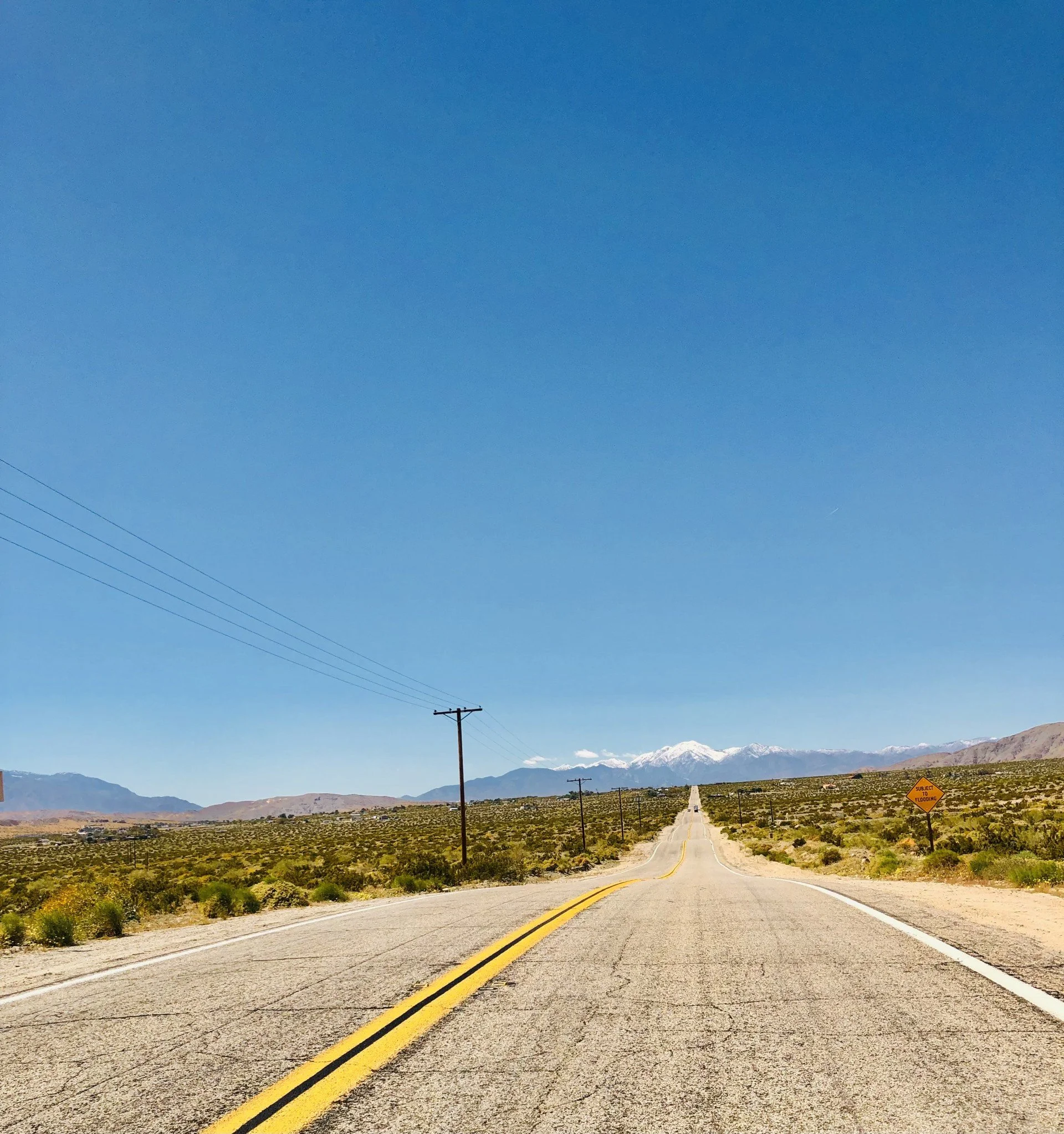 A long, straight desert road with yellow centerlines extending into the distance, flanked by sparse vegetation, with snow-capped mountains under a clear blue sky.
