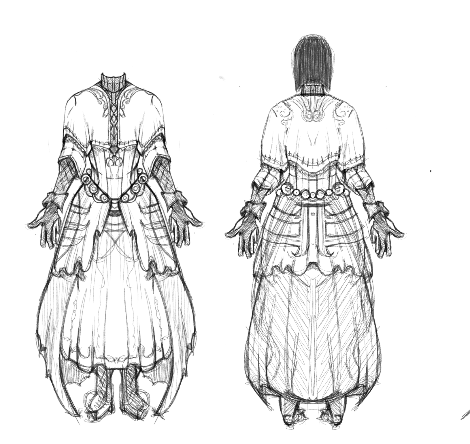 This was the sketch for the outfit, the main focus was on the corset and cloth throw