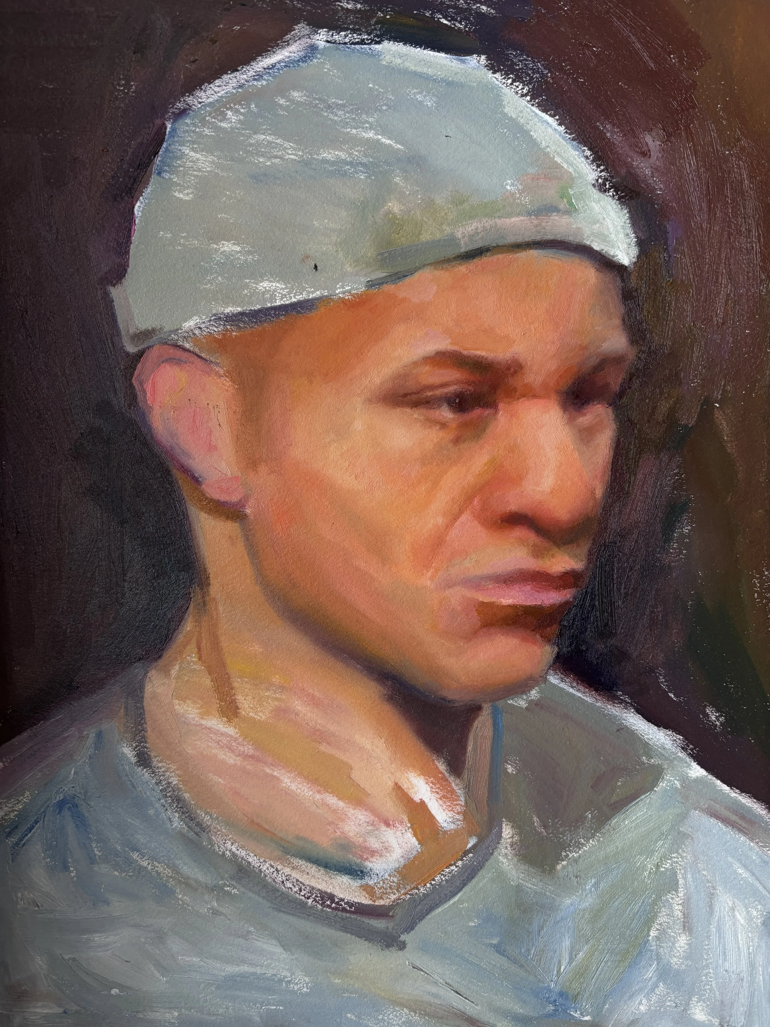 Painterly portrait of a woman with short dark hair wearing a white cap and light-colored shirt, with a contemplative expression.