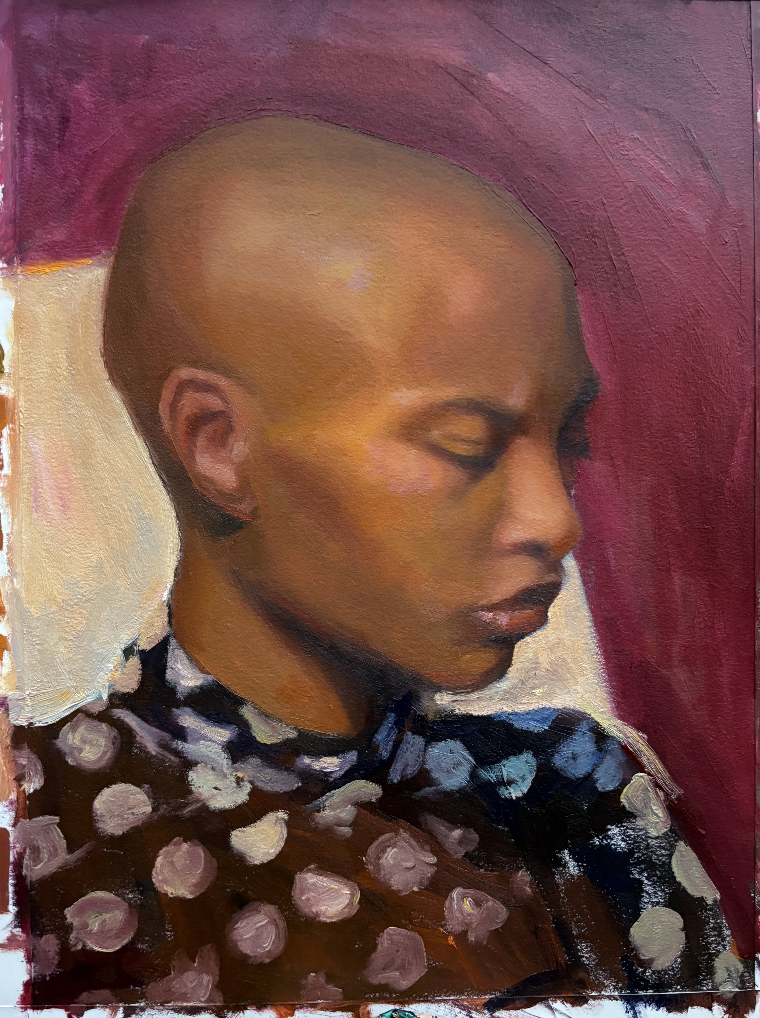 A painting of a woman with a bald head, closed eyes, and dark lipstick, wearing a black blouse with white polka dots, against a background of burgundy and cream colors.