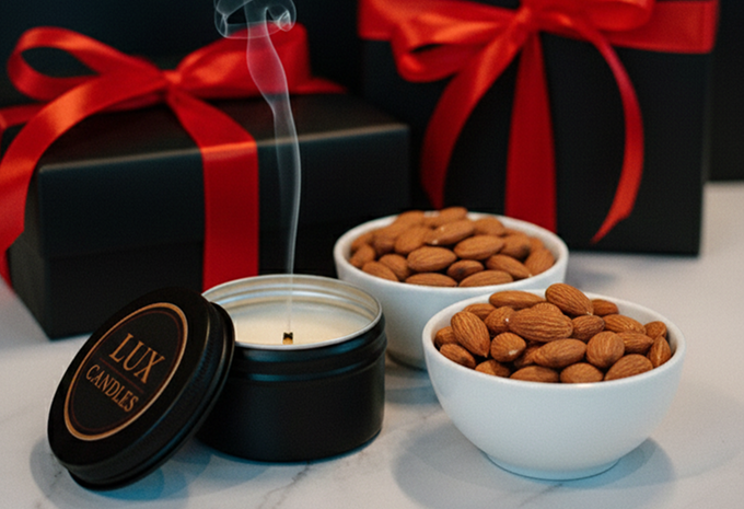 A black candle tin labeled "Lux Candles" with a lit wick and smoke rising, placed on a white surface. Two white bowls filled with almonds are beside it. In the background, there are wrapped gift boxes black with red ribbons.