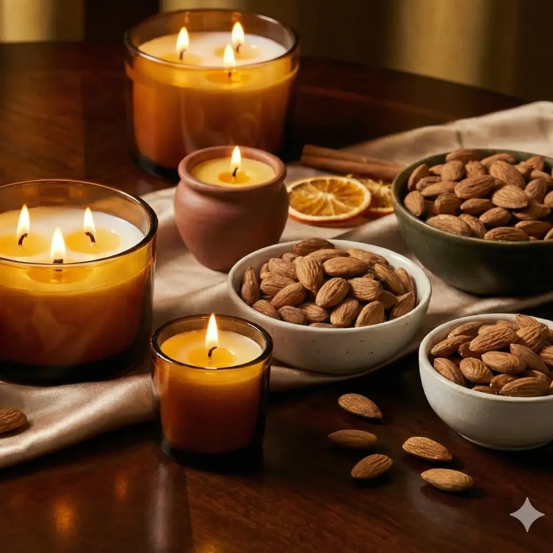 Hero Image of candles and almonds on a table with a silk table cloth with dried oranges and cinnamon sticks in the background