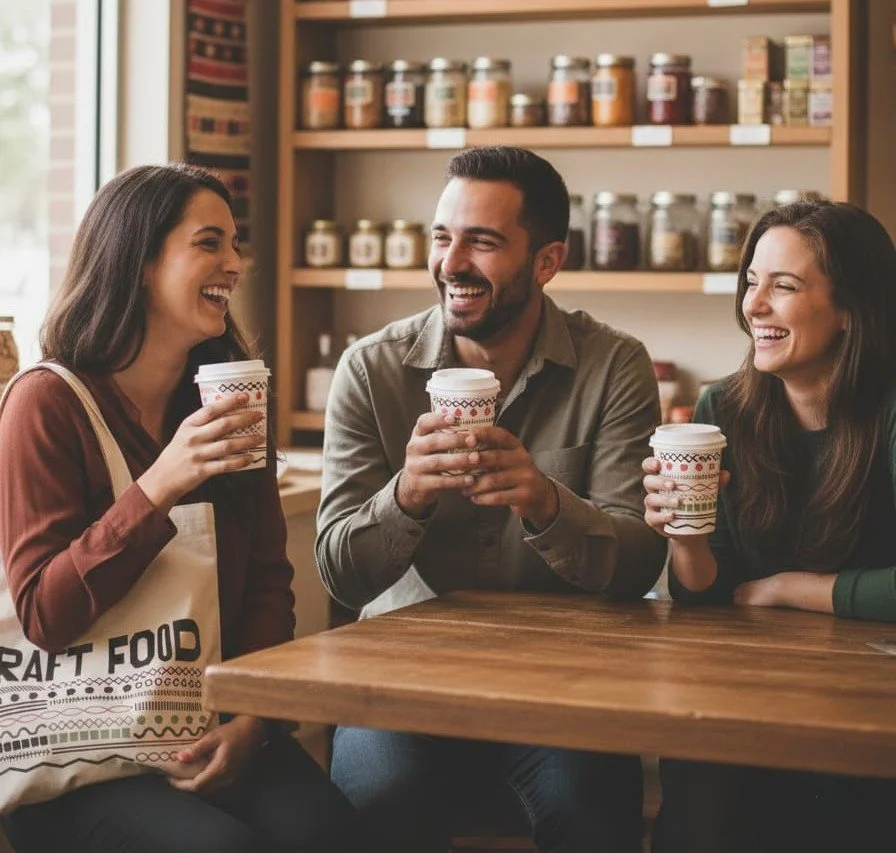 Three people sitting at a wooden table in a coffee shop, smiling and holding disposable coffee cups, with shelves of jars in the background.