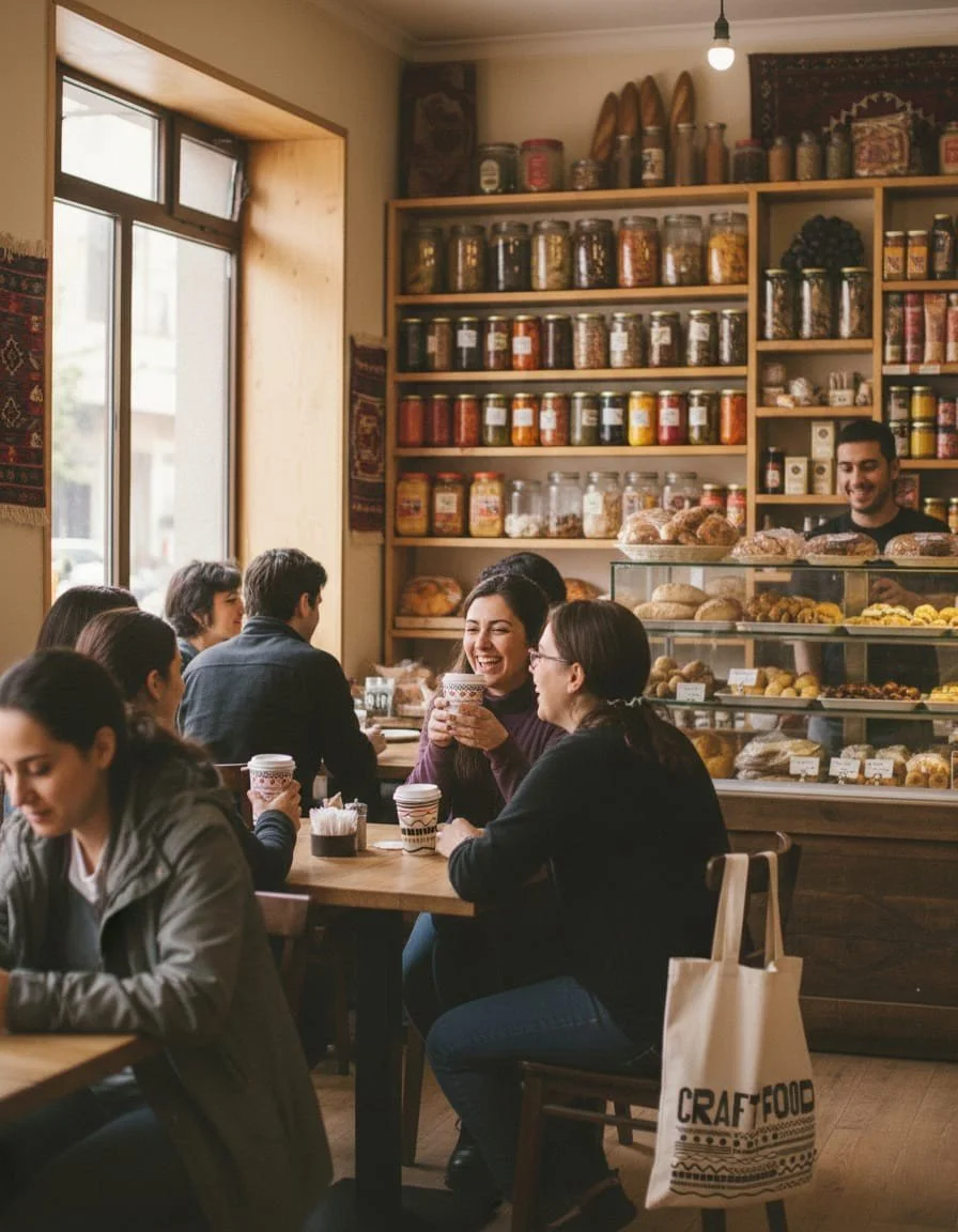 Grocery café where Armenian and Eastern European customers chat, drink coffee, and smile by enjoying CraftFood Coffee
