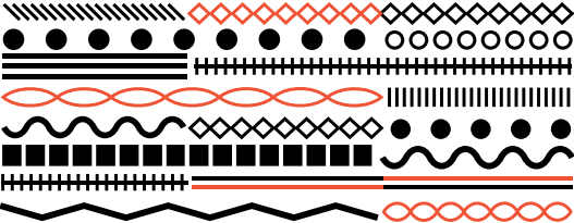 CraftFood pattern of various geometric shapes and lines, including circles, squares, diamonds, and wavy lines, arranged in horizontal rows with alternating colors of black and red.