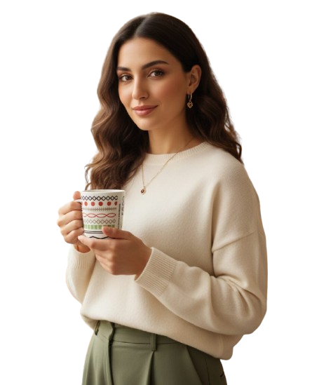 A woman with long brown hair holding a mug with a decorative pattern, wearing a cream sweater and gold earrings.