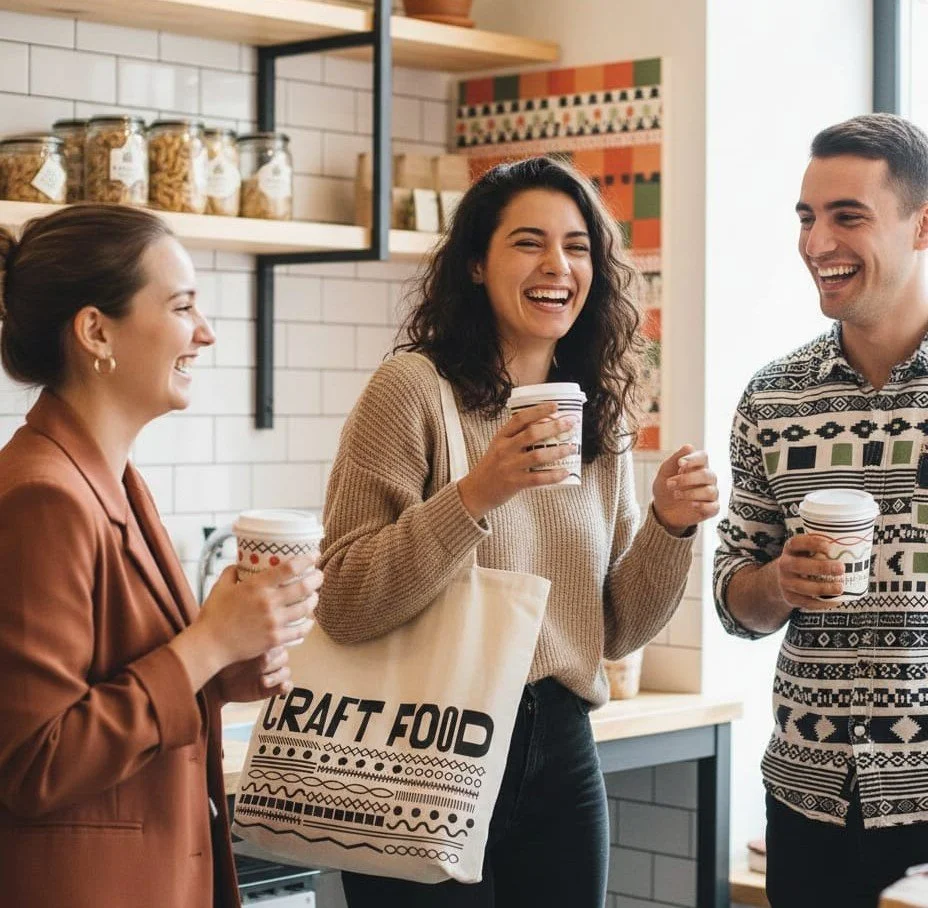 Three people are smiling and talking, holding CraftFood coffee cups in a kitchen with shelves of jars and a brick wall in the background.