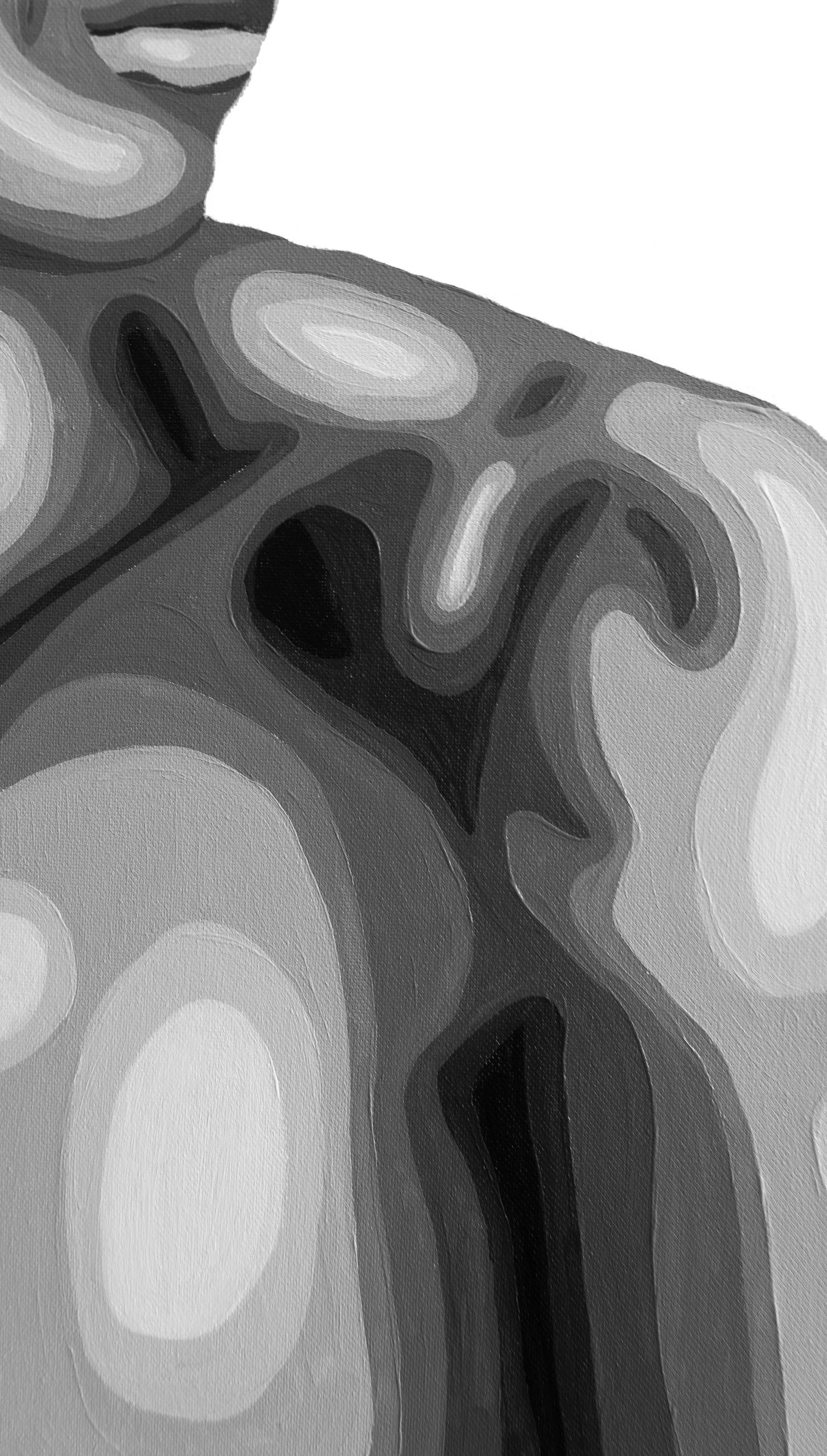 Porcelain by Drew Sovran, acrylic on canvas, black-and-white male figure, close-up of neck and shoulder showing canvas texture