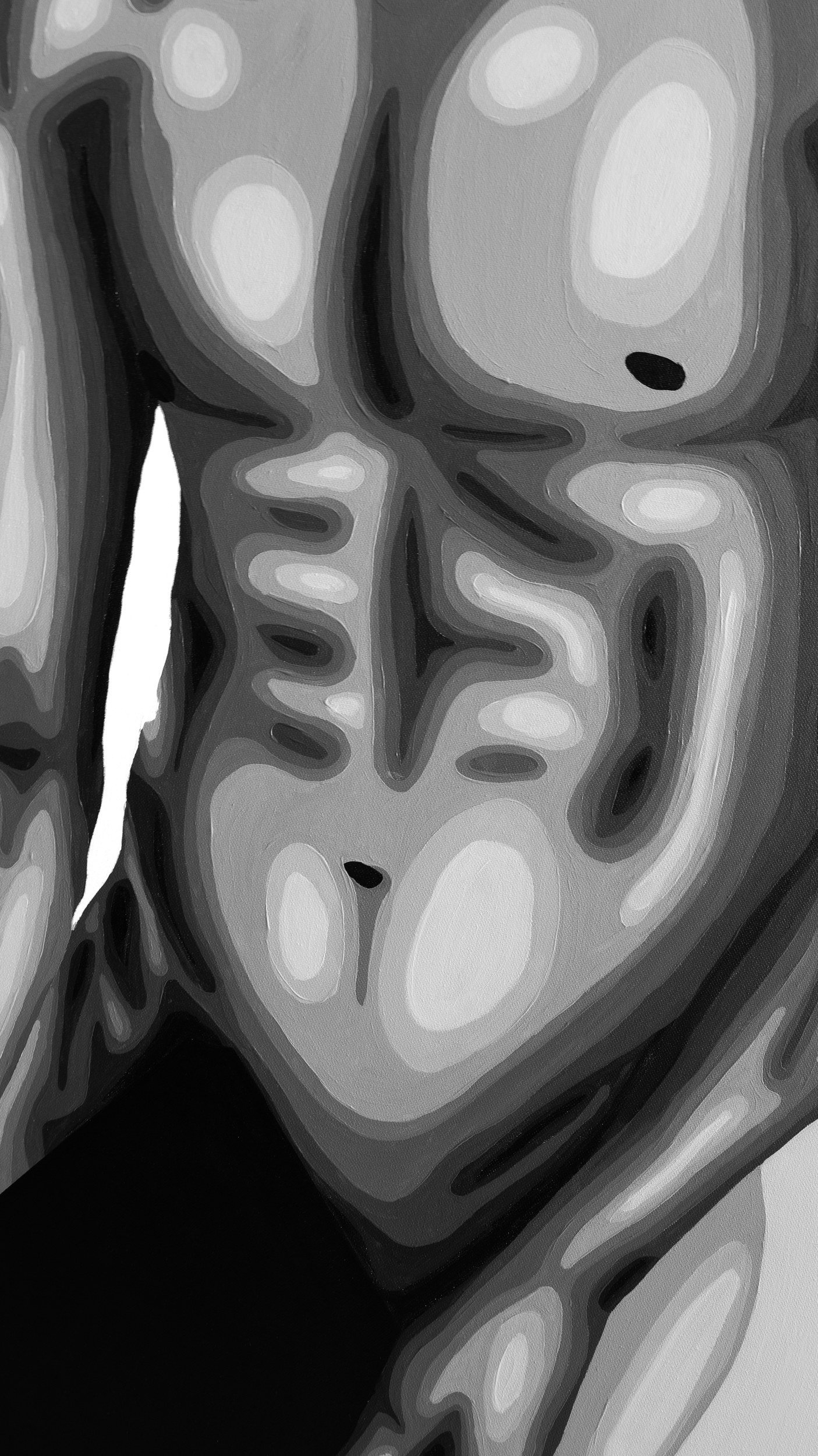 Porcelain by Drew Sovran, acrylic on canvas, black-and-white male figure, detail of abdomen and black square