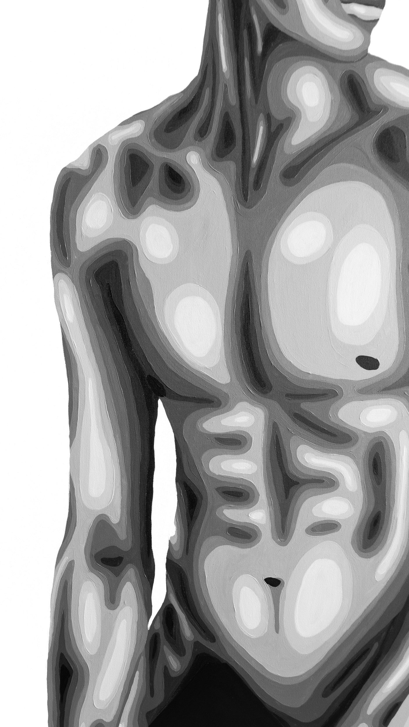 Porcelain by Drew Sovran, acrylic on canvas, black-and-white male figure, detail of chest, torso and arm