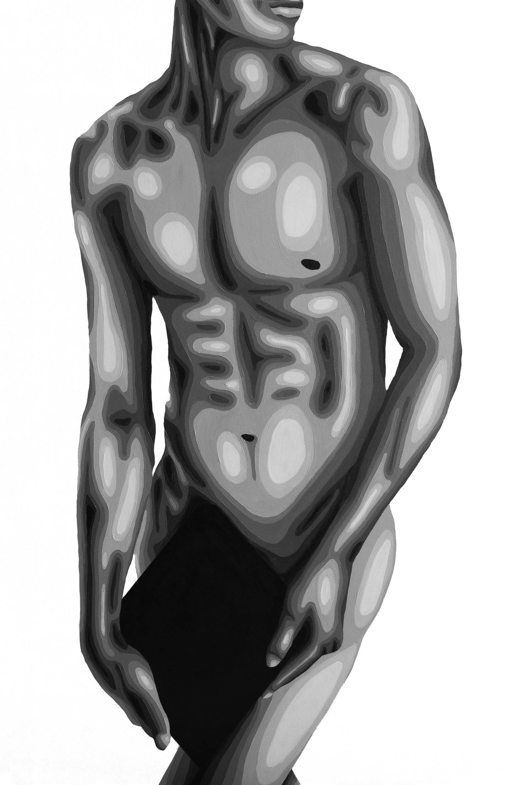 Porcelain by Drew Sovran, acrylic on canvas, black-and-white painting of a standing male nude with a black square over the groin