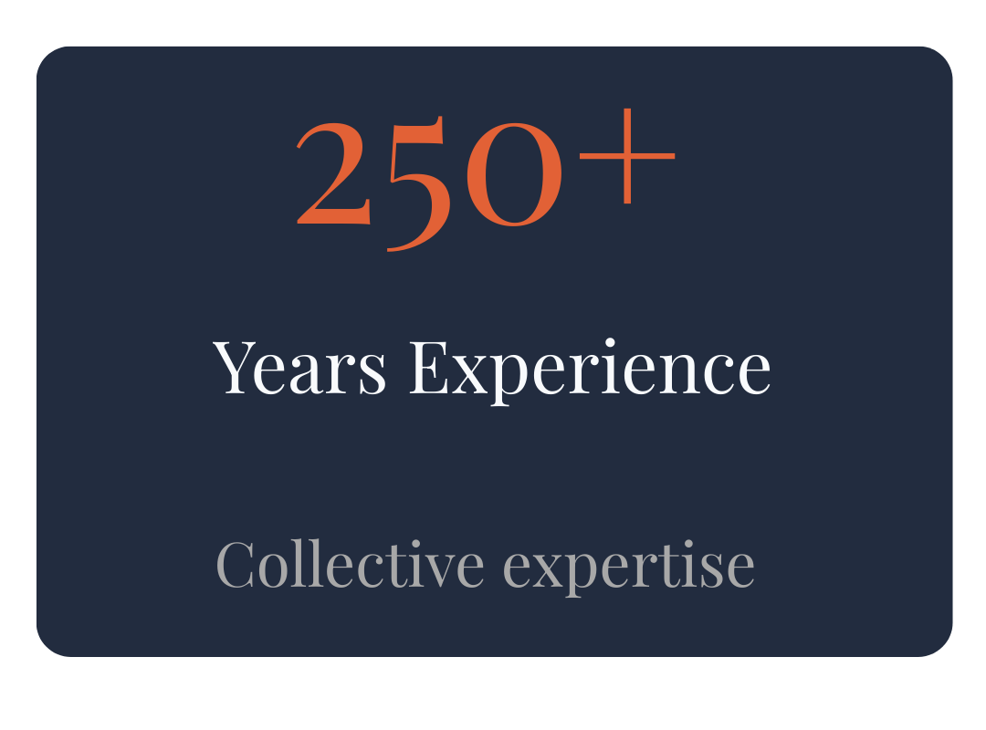 Dark blue background with orange and white text stating '250+ Years Experience' and 'Collective expertise'.