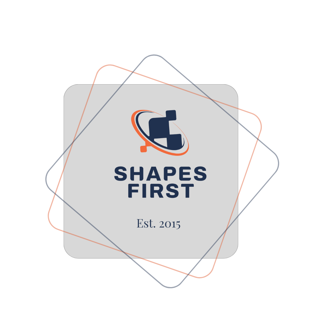 Logo for 'Shapes First' with a stylized geometric figure and text 'Est. 2015' on a gray rounded square background, surrounded by overlapping diamond shapes in blue and orange.