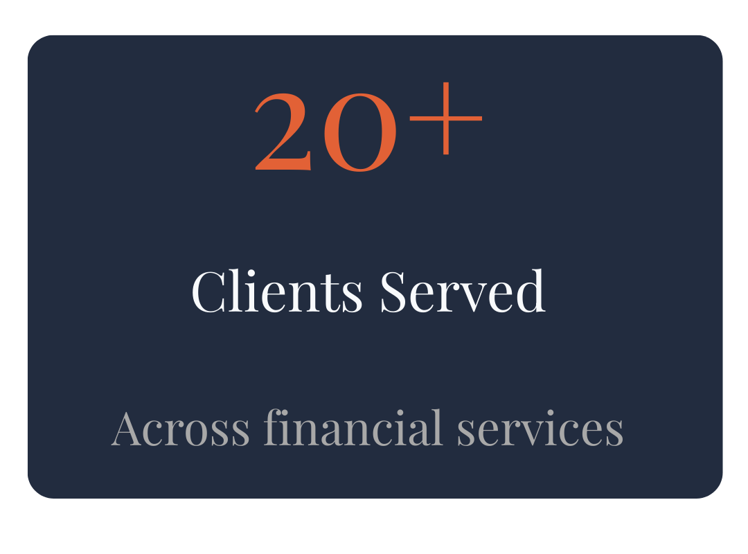 Infographic indicating 20+ clients served across financial services.