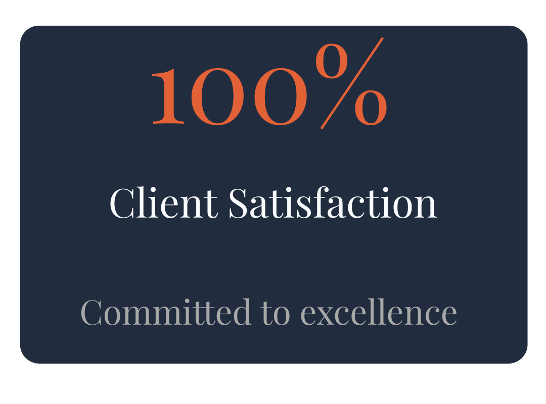 A dark blue rectangular badge with rounded edges displaying '100%' in large orange text, 'Client Satisfaction' in white, and 'Committed to excellence' in light gray.