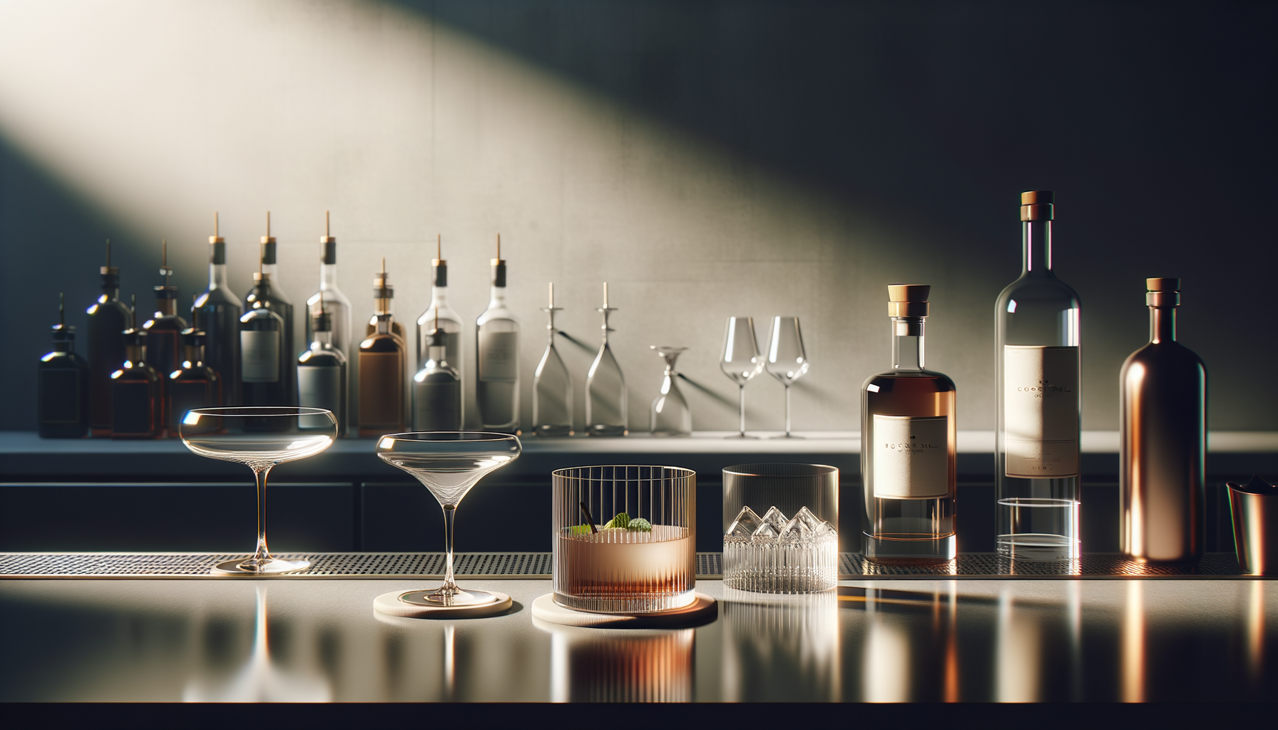 A bar counter with two cocktail glasses, a drink with mint leaves, and a glass of ice, with bottles and bar tools in the background.