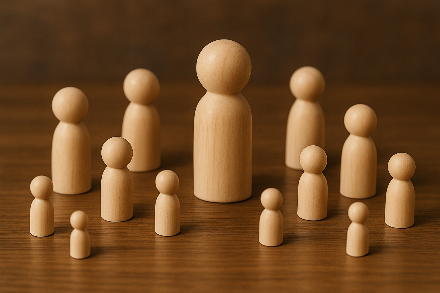 Verschiedene Holzmännchen unterschiedlicher Größen, angeordnet auf einem Holztisch.