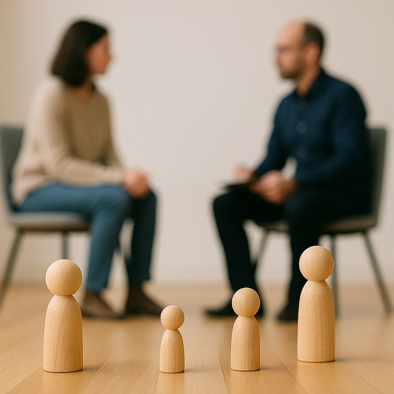 Zwei Menschen in einem Gespräch, sitzt in einem Raum auf gegenüberliegenden Stühlen, im Vordergrund sind vier Holzfiguren in unterschiedlichen Größen auf dem Boden.