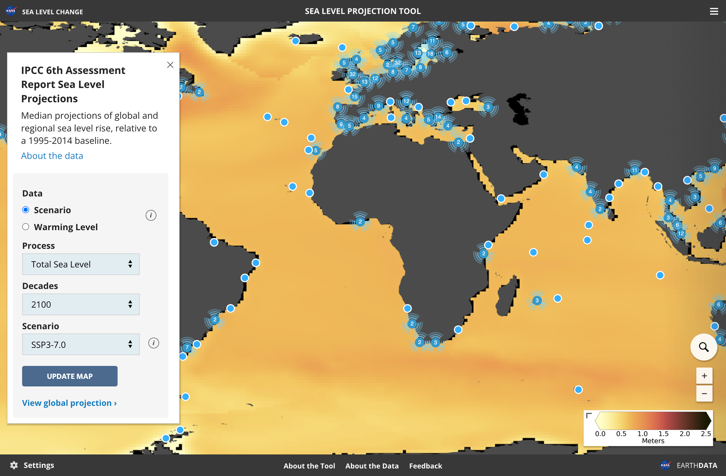 Image of the IPCC tool map screen. A left panel provides data options.