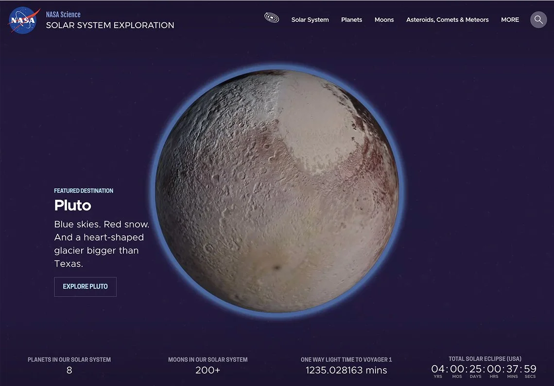 Screengrab of the home page featuring Pluto and demonstrating tone and color.
