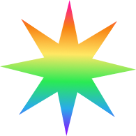 Colorful geometric abstract design with layered shapes in pink, orange, yellow, green, and blue.