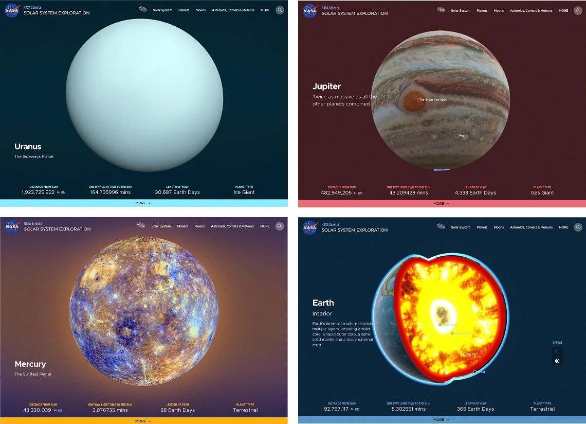 Four examples of planet home page feature areas showing color coding.