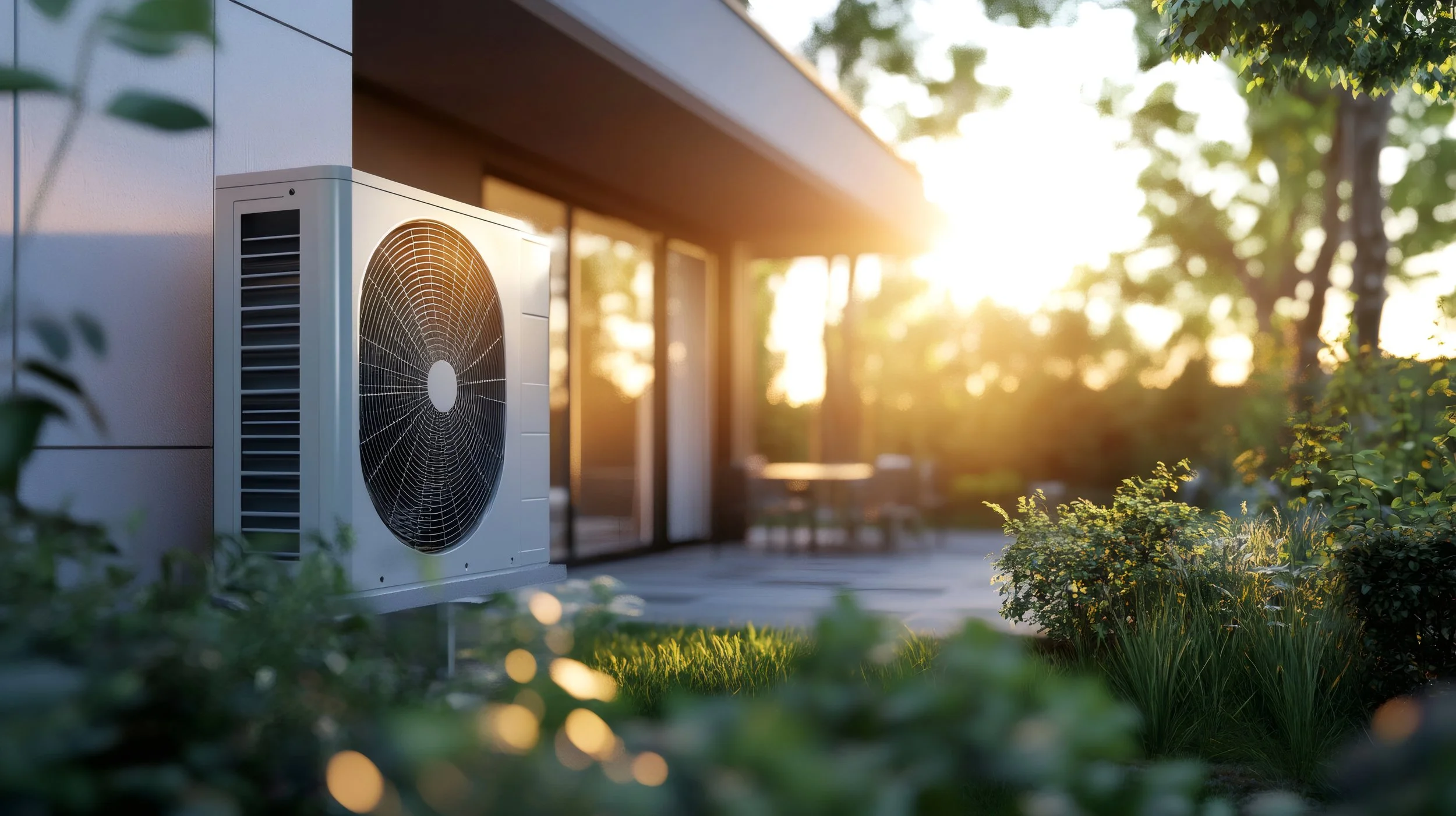 An outdoor air conditioning unit mounted on the exterior wall of a house at sunset, with a garden and trees in the background.